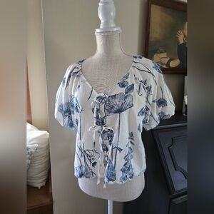 Rachel Zoe XS Blue White Puff Sleeve Tie Front Linen Blend Top New With Tags